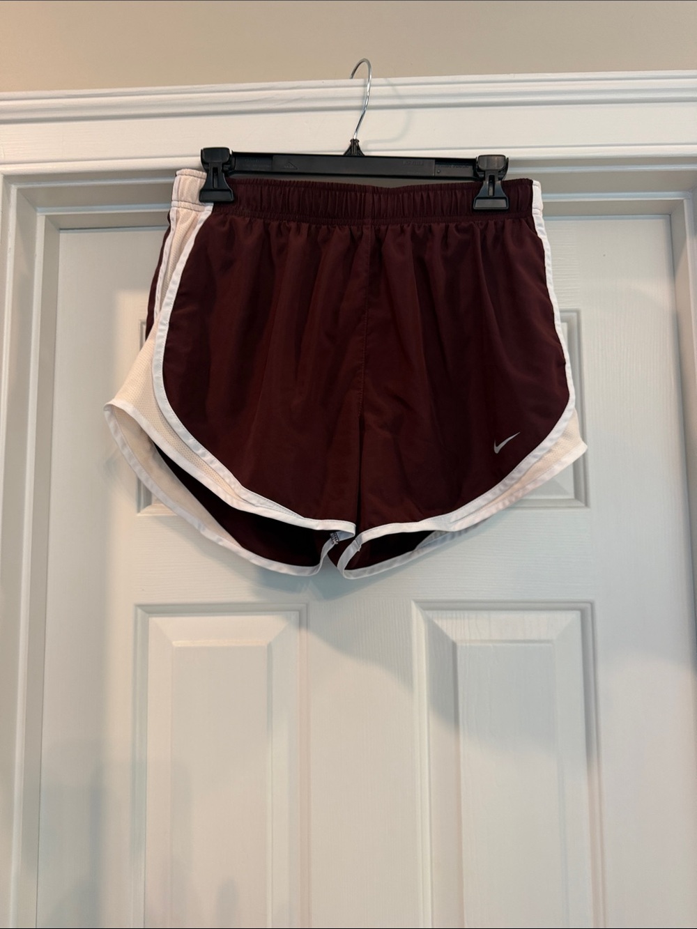 Nike Women's Burgundy Athletic Shorts with White Trim Dri-Fit